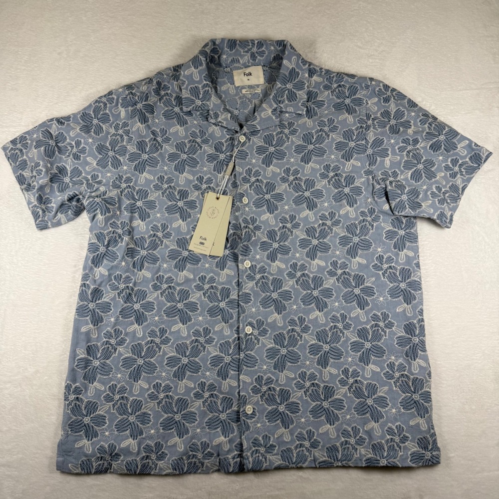 Folk Malco Blue Floral Embroidered Linen Blend Camp Collar Shirt Mens XL NEW